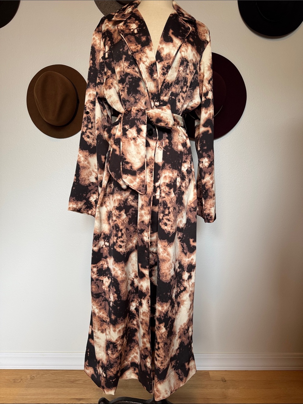 Tie-Waist Marble Print Maxi Duster Coat
